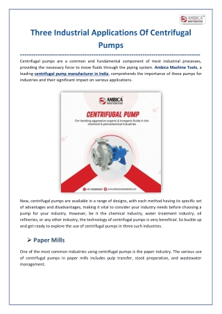 Three Industrial Applications Of Centrifugal Pumps