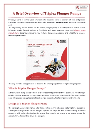 A Brief Overview of Triplex Plunger Pumps