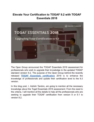 Elevate Your Certification to TOGAF 9.2 with TOGAF Essentials 2018
