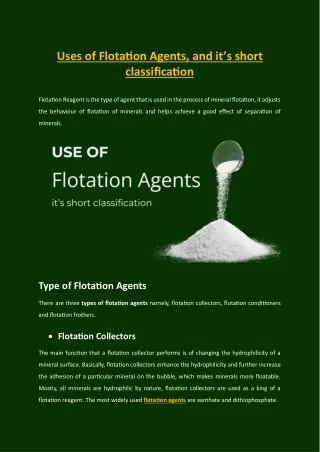 Uses of Flotation Agents, and it’s Short Classification