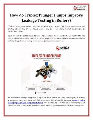 The Crucial Role of Triplex Plunger Pumps for Leakage Testing in Boilers