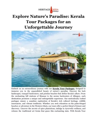 Explore Nature's Paradise: Kerala Tour Packages for an Unforgettable Journey