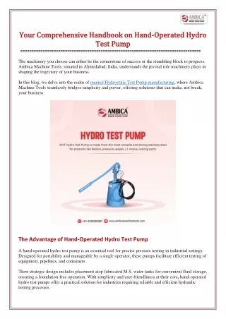 Your Comprehensive Handbook on Hand-Operated Hydro Test Pump