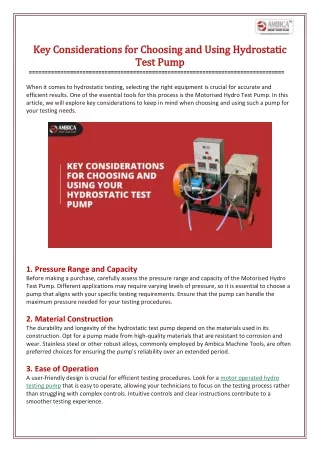 Key Considerations for Choosing and Using Hydrostatic Test Pump