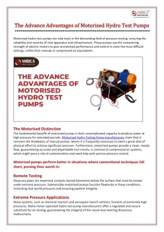 The Advance Advantages of Motorised Hydro Test Pumps