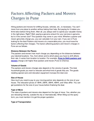 Factors Affecting Packers and Movers Charges in Pune
