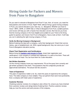 Hiring Guide for Packers and Movers from Pune to Bangalore