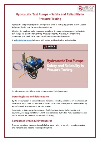 Hydrostatic Test Pumps – Safety and Reliability in Pressure Testing