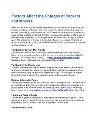 Factors Affect the Charges of Packers and Movers