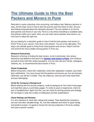 The Ultimate Guide to Hire the Best Packers and Movers in Pune