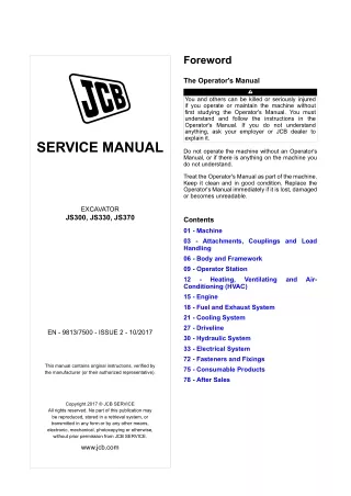 JCB JS370 Excavator Service Repair Manual SN from 2491607 onwards