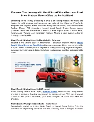 Empower Your Journey with Maruti Suzuki Vitara Brezza on Road Price - Pratham Motors Offers the Perfect Blend