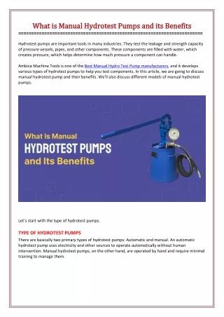 What Is Manual Hydrotest Pumps and Its Benefits