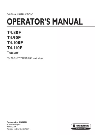 New Holland T4.80F T4.90F T4.100F T4.110F Tractor (Pin.HLRT4FHLT00001 and above) Operator’s Manual Instant Download (Pub