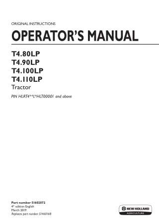 New Holland T4.80LP T4.90LP T4.100LP T4.110LP Tractor (Pin.HLRT4LHLT00001 and above) Operator’s Manual Instant Download