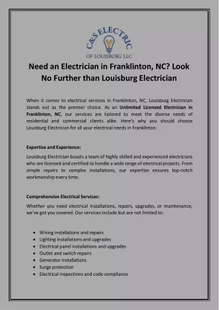 Need an Electrician in Franklinton NC Look No Further than Louisburg Electrician