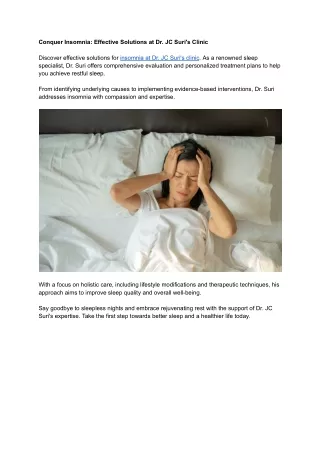 Conquer Insomnia: Effective Solutions at Dr. JC Suri's Clinic