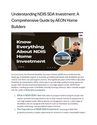 Understanding NDIS SDA Investment A Comprehensive Guide by AEON Home Builders