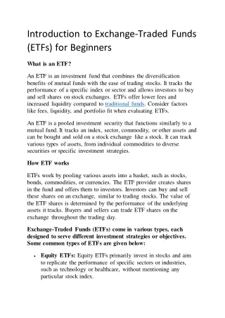 Introduction to Exchange-Traded Funds (ETFs) for Beginners