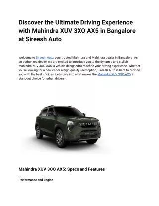 Discover the Ultimate Driving Experience with Mahindra XUV 3XO AX5 in Bangalore at Sireesh Auto