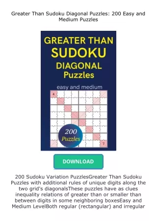 ✔️READ ❤️Online Greater Than Sudoku Diagonal Puzzles: 200 Easy and Medium P