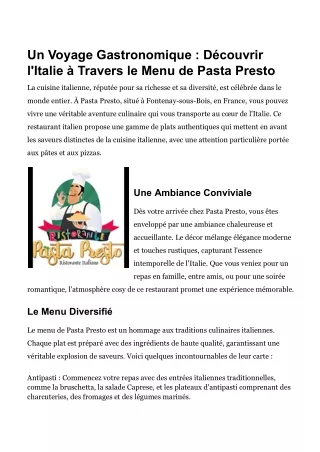 Un Voyage Gastronomique - Découvrir l'Italie à Travers le Menu de Pasta Presto