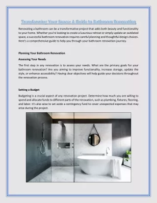 Transforming Your Space - A Guide to Bathroom Renovation