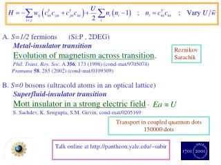 A. S=1/2 fermions	(Si:P , 2DEG) Metal-insulator transition Evolution of magnetism across transition .