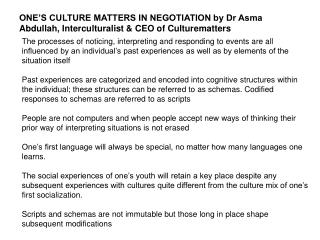 ONE’S CULTURE MATTERS IN NEGOTIATION by Dr Asma Abdullah, Interculturalist &amp; CEO of Culturematters