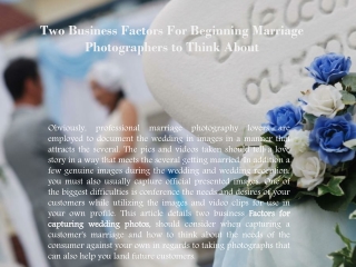 Two Business Factors For Beginning Marriage Photographers