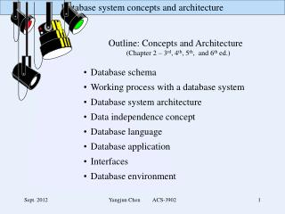 Outline: Concepts and Architecture 		(Chapter 2 – 3 rd , 4 th , 5 th , and 6 th ed.) Database schema Working process