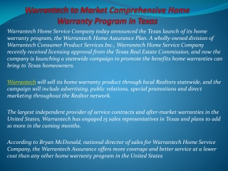 Warrantech to Market Comprehensive Home Warranty Program in