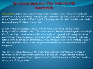 Ken Cranes Signs Four-Year Contract with Warrantech