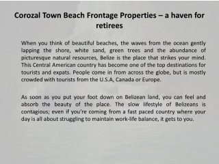 Corozal Town Beach Frontage Properties