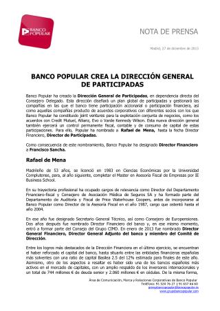 Ángel Ron y Banco Popular crean la Dirección de Participadas