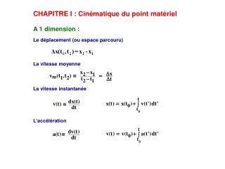 CHAPITRE I : Cinématique du point matériel A 1 dimension : Le déplacement (ou espace parcouru)