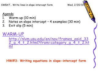 SWBAT… Write lines in slope-intercept form Wed, 2/20/10