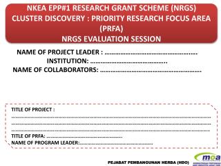 NKEA EPP#1 RESEARCH GRANT SCHEME (NRGS) CLUSTER DISCOVERY : PRIORITY RESEARCH FOCUS AREA (PRFA)
