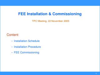 FEE Installation &amp; Commissioning TPC Meeting, 22 November 2005