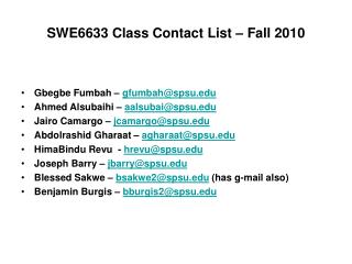 SWE6633 Class Contact List – Fall 2010