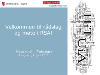 Velkommen til rådslag og møte i RSA! Høgskolen i Telemark Porsgrunn, 4. juni 2013
