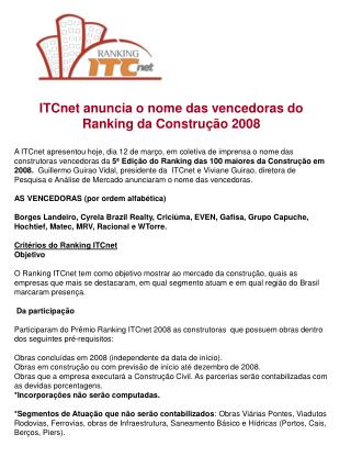 ITCnet anuncia o nome das vencedoras do Ranking da Construção 2008