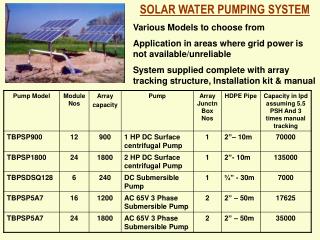 SOLAR WATER PUMPING SYSTEM Various Models to choose from