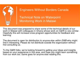 Engineers Without Borders Canada Technical Note on Waterpoint Monitoring Work in Malawi