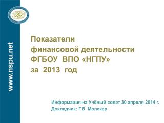 Показатели финансовой деятельности ФГБОУ ВПО «НГПУ» за 2013 год