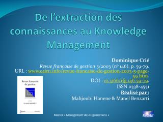 De l’extraction des connaissances au Knowledge Management