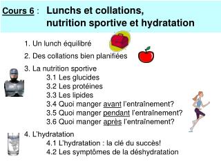 Cours 6 : Lunchs et collations, 		nutrition sportive et hydratation