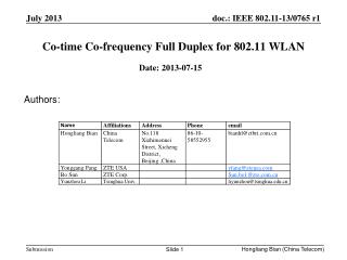 Co-time Co-frequency Full Duplex for 802.11 WLAN