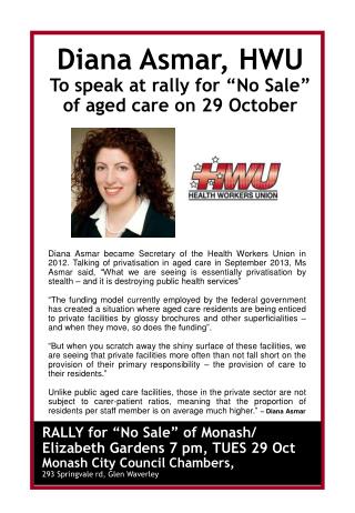 Diana Asmar, HWU To speak at rally for “No Sale” of aged care on 29 October