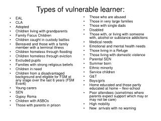 Types of vulnerable learner: